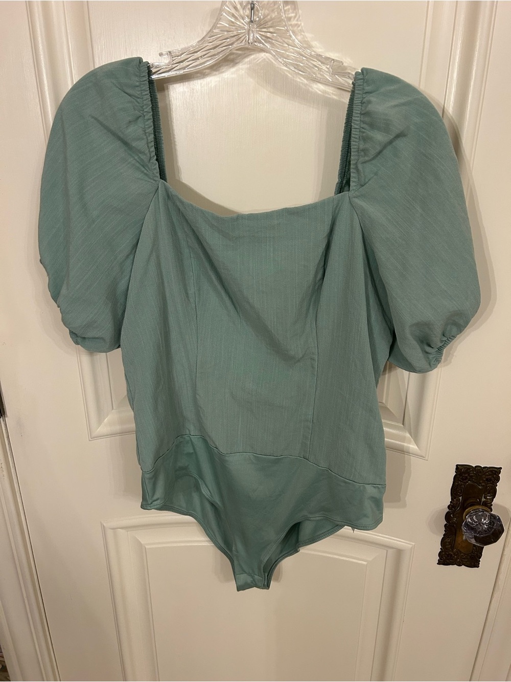 Sage Green Puff Sleeve Bodysuit with Square Neck